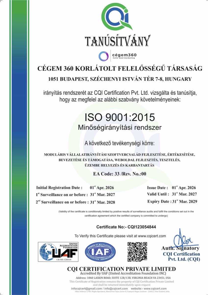 Cégem 360 Kft. ISO 9001:2015 tanúsítvány